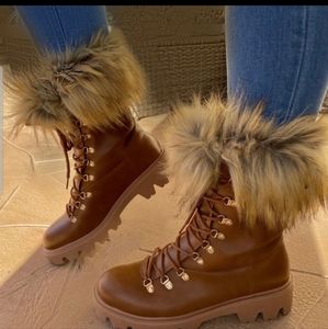 Brown Faux Fur Lace-Up Boots